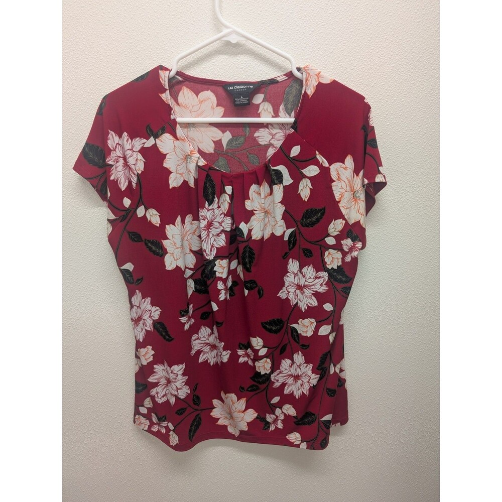 Liz Claiborne Career Large Red Black Floral Top Office Business Casual